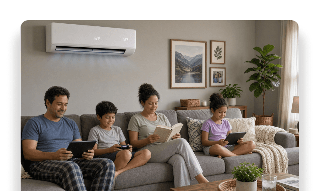 Family relaxing in a cool living room